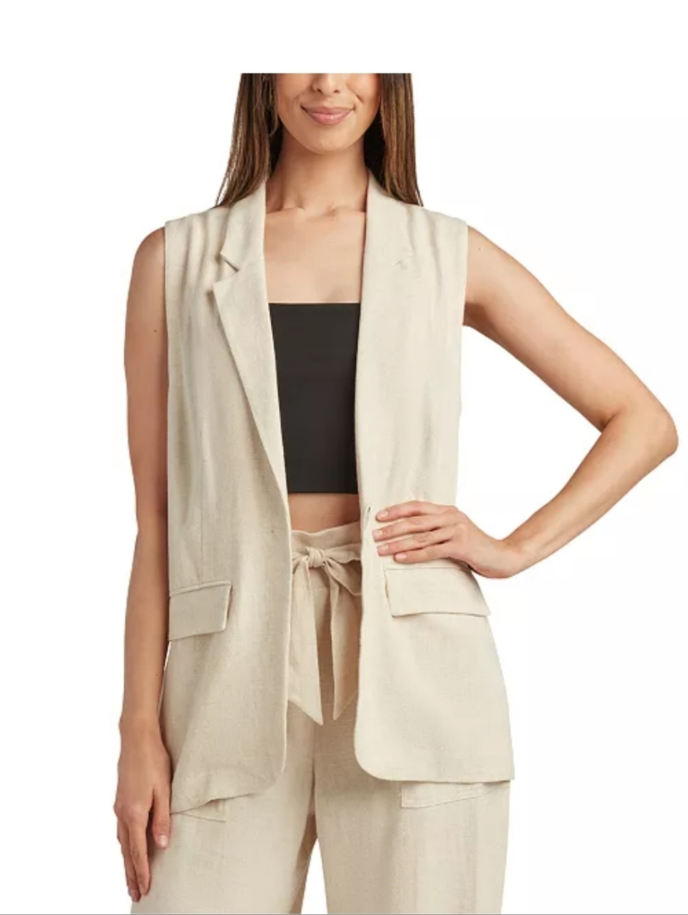 BCX Collared Button Sleeveless Vest Beige Linen Women's S